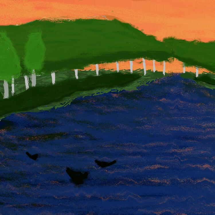 A drawing of a lake at sunset.